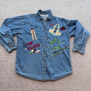 Vintage Jane Ashley Cleveland The Flats Hall of Fame Embroidered Denim Shirt M